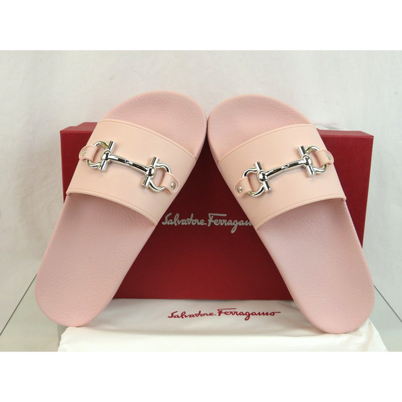 NIB FERRAGAMO GROOVY 11 PINK RUBBER SILVER GANCINI BIT LOGO SANDALS SLIDES 11 M - Picture 3 of 13